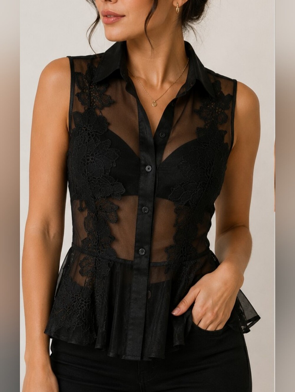 Worthington Black Sheer Lace Appliqué Peplum Sleeveless Top
